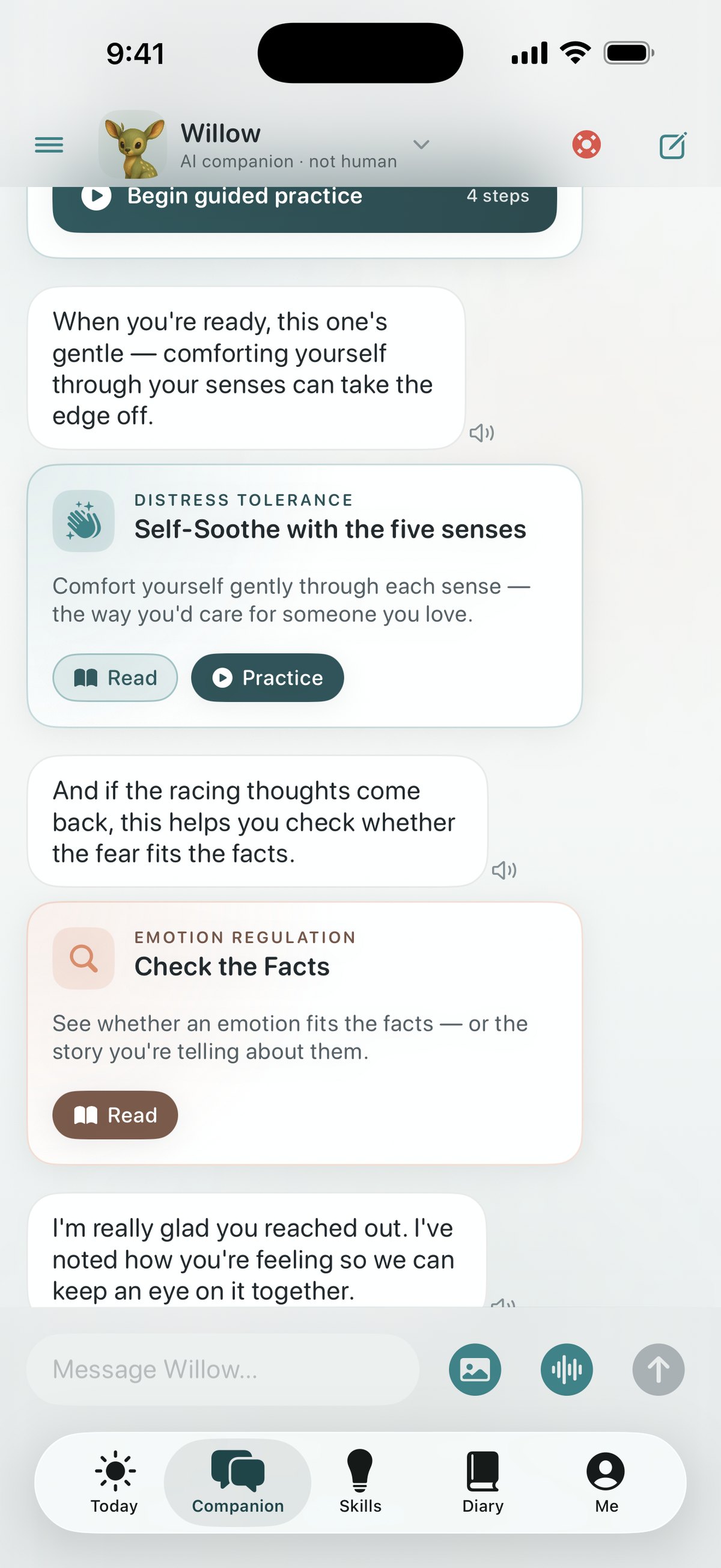 Quietoak companion chat with DBT skill cards brought right into the conversation