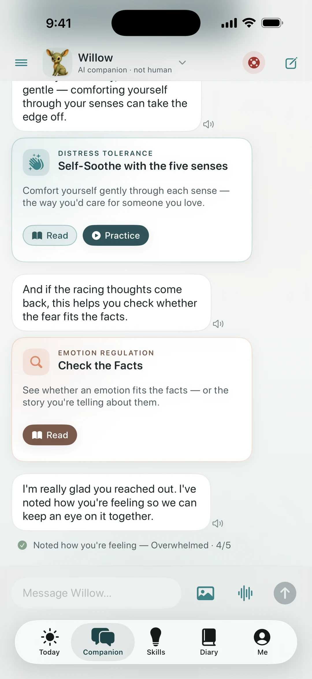 Quietoak companion chat with DBT skill cards brought right into the conversation