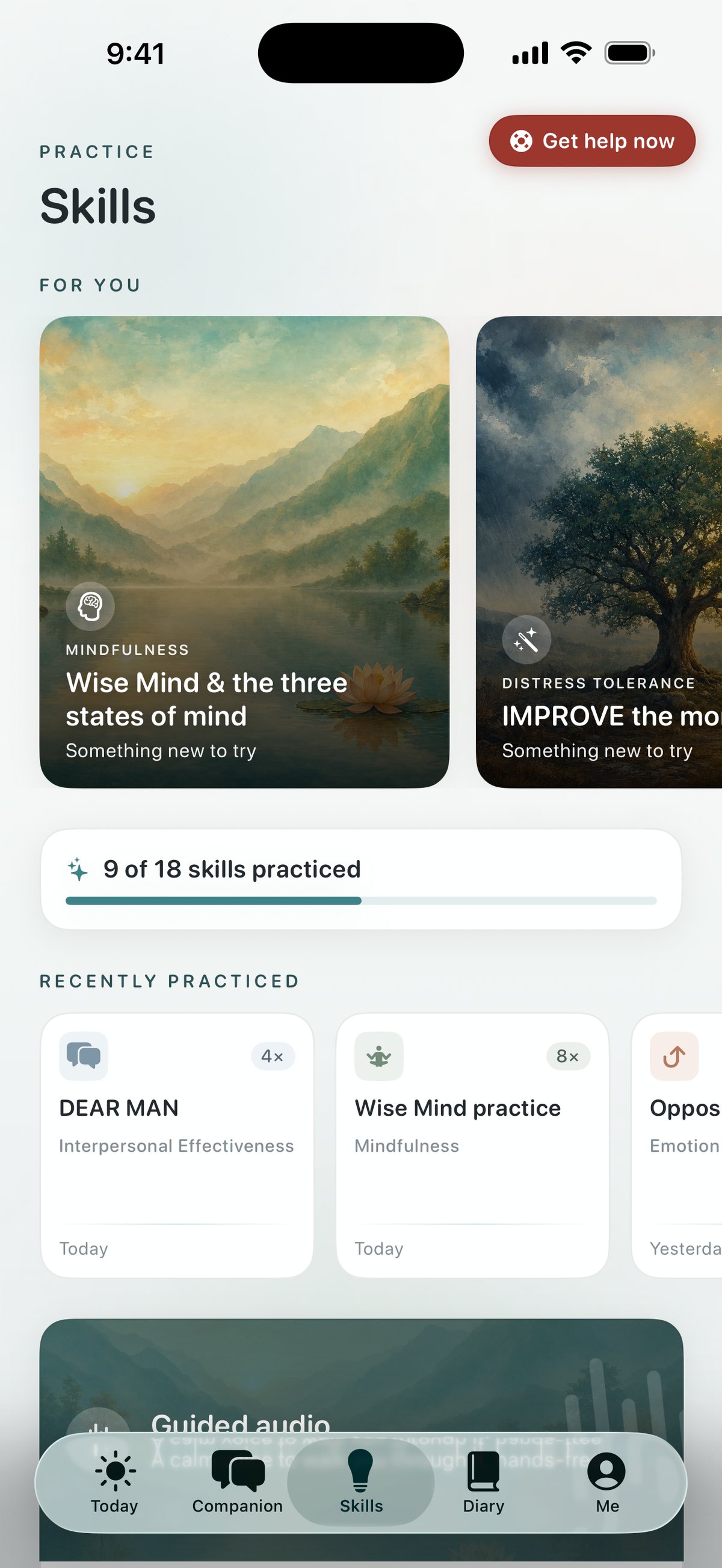 Quietoak Skills tab — a skill picked for you today, 9 of 18 practiced, and the ones you reached for most recently
