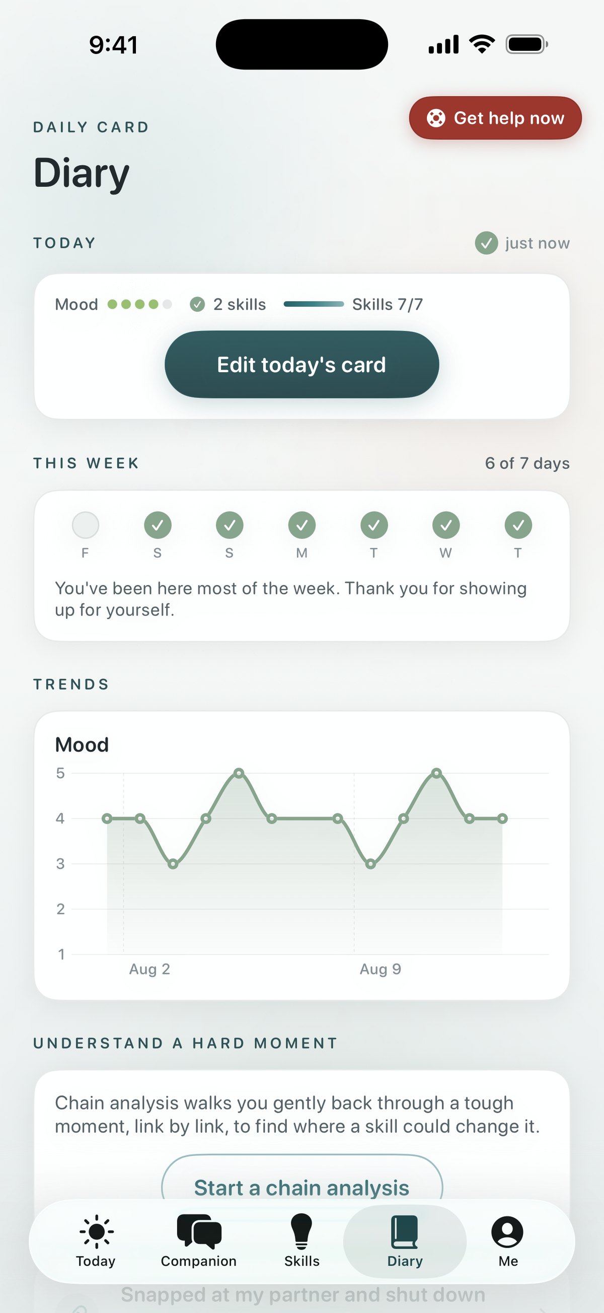Quietoak diary — today's one-minute card with mood and skills, the week's check-ins, and a mood trend chart