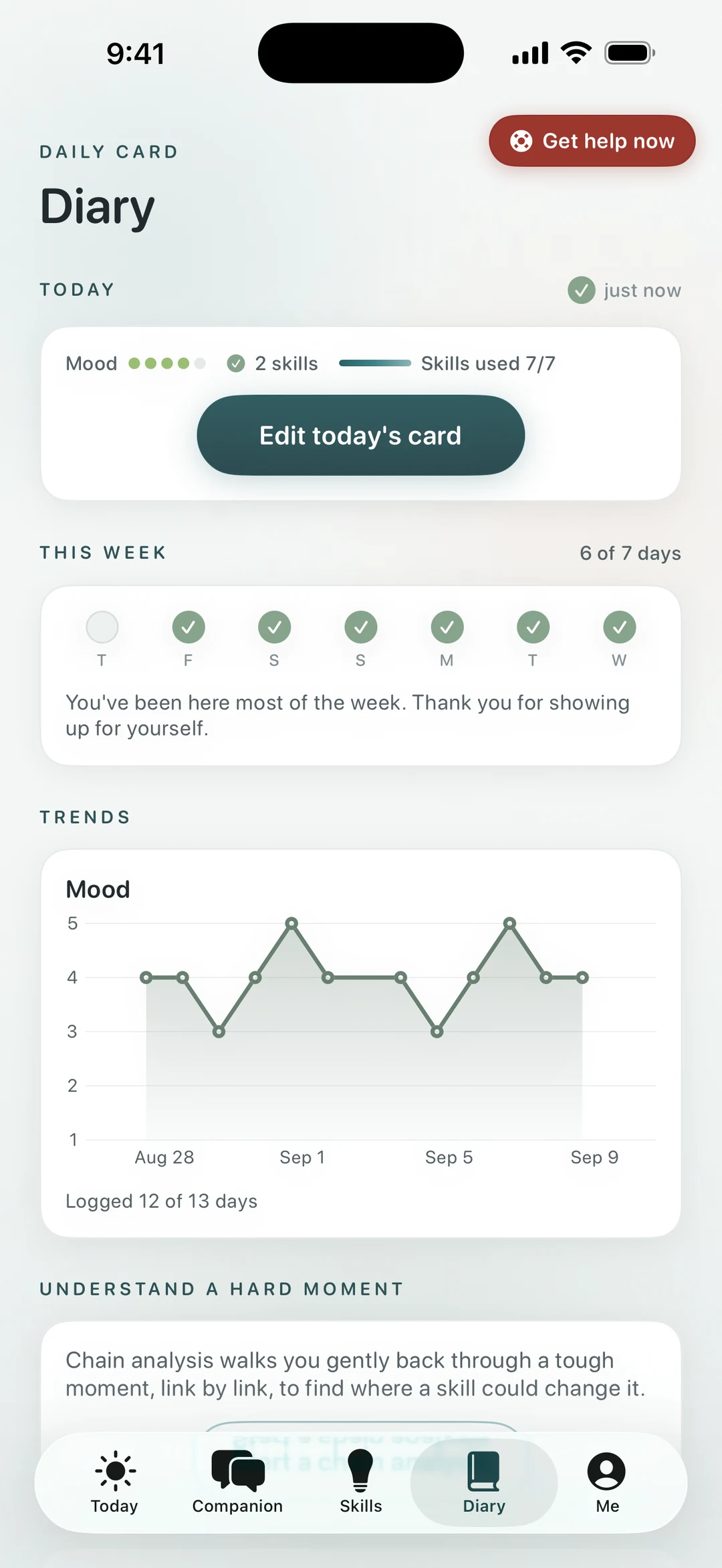 Quietoak diary — today's one-minute card with mood and skills, the week's check-ins, and a mood trend chart