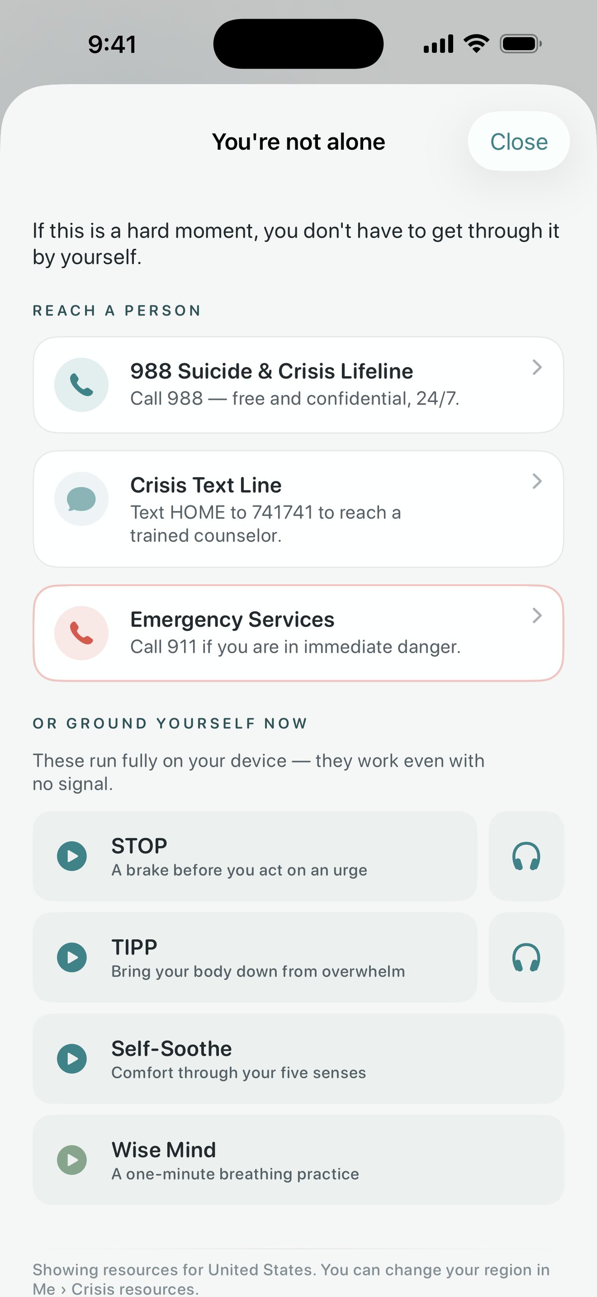 Quietoak Crisis Survival Kit — 988, 741741, and grounding skills