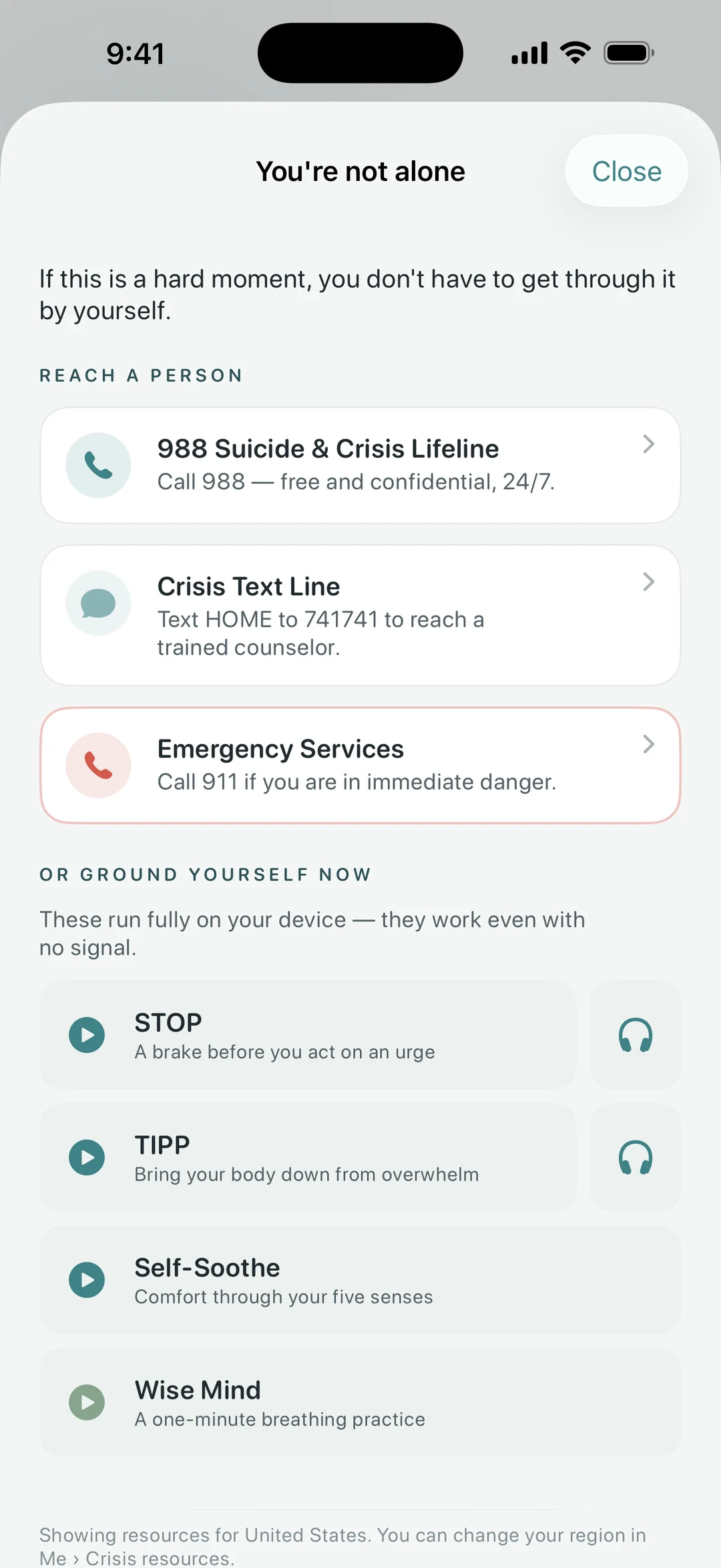 Quietoak Crisis Survival Kit — 988, 741741, and grounding skills