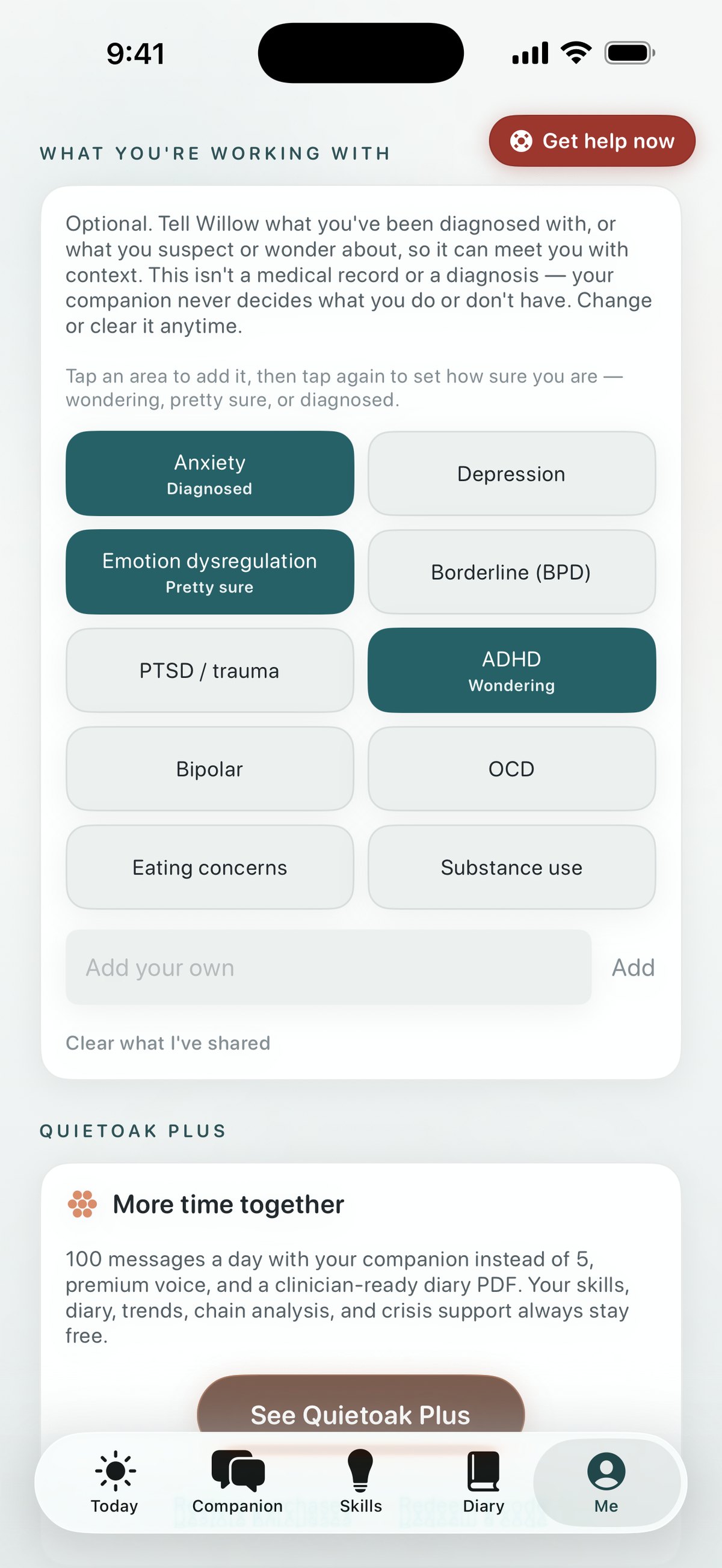 Quietoak onboarding — sharing what you're navigating, with a Wondering / Pretty sure / Diagnosed level picker