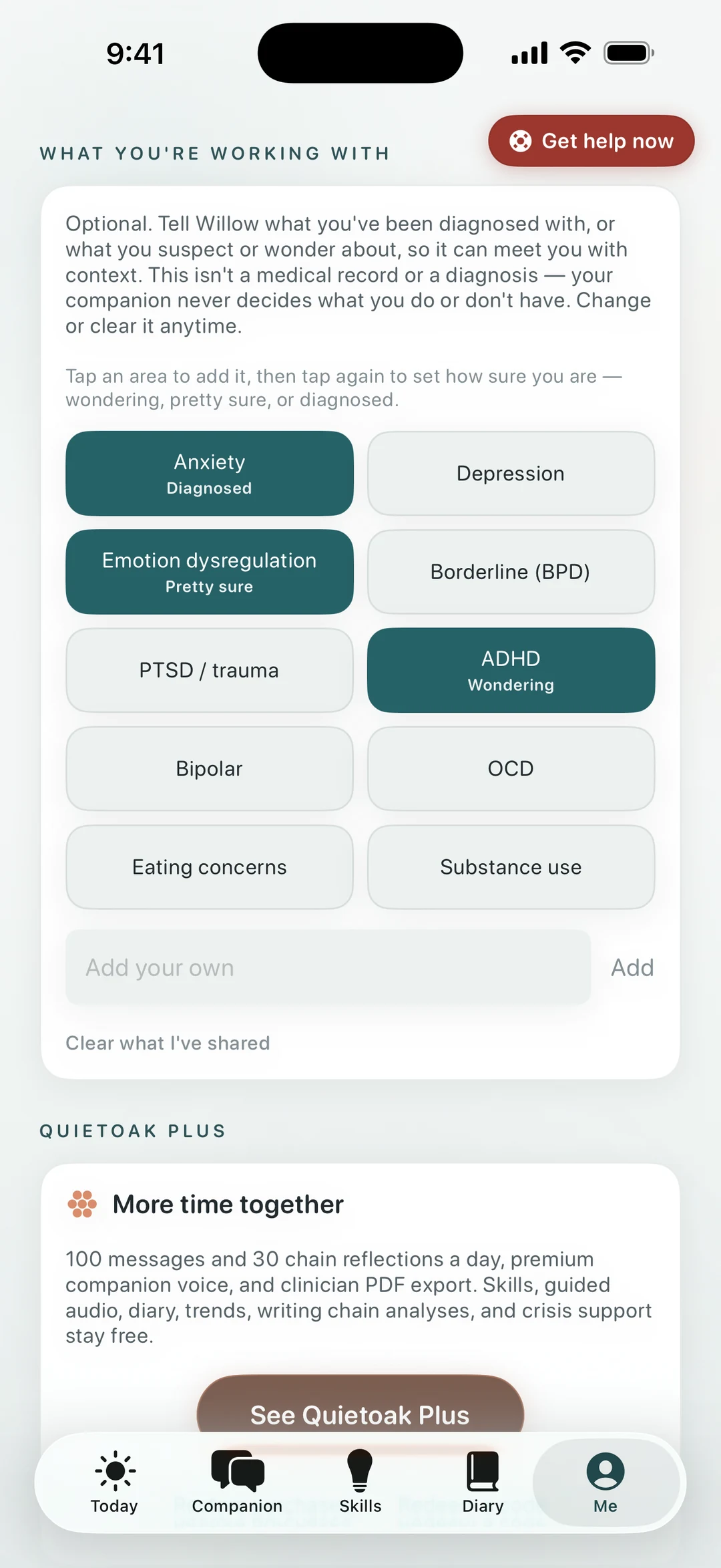Quietoak Me settings — sharing what you're navigating, with a Wondering / Pretty sure / Diagnosed level picker