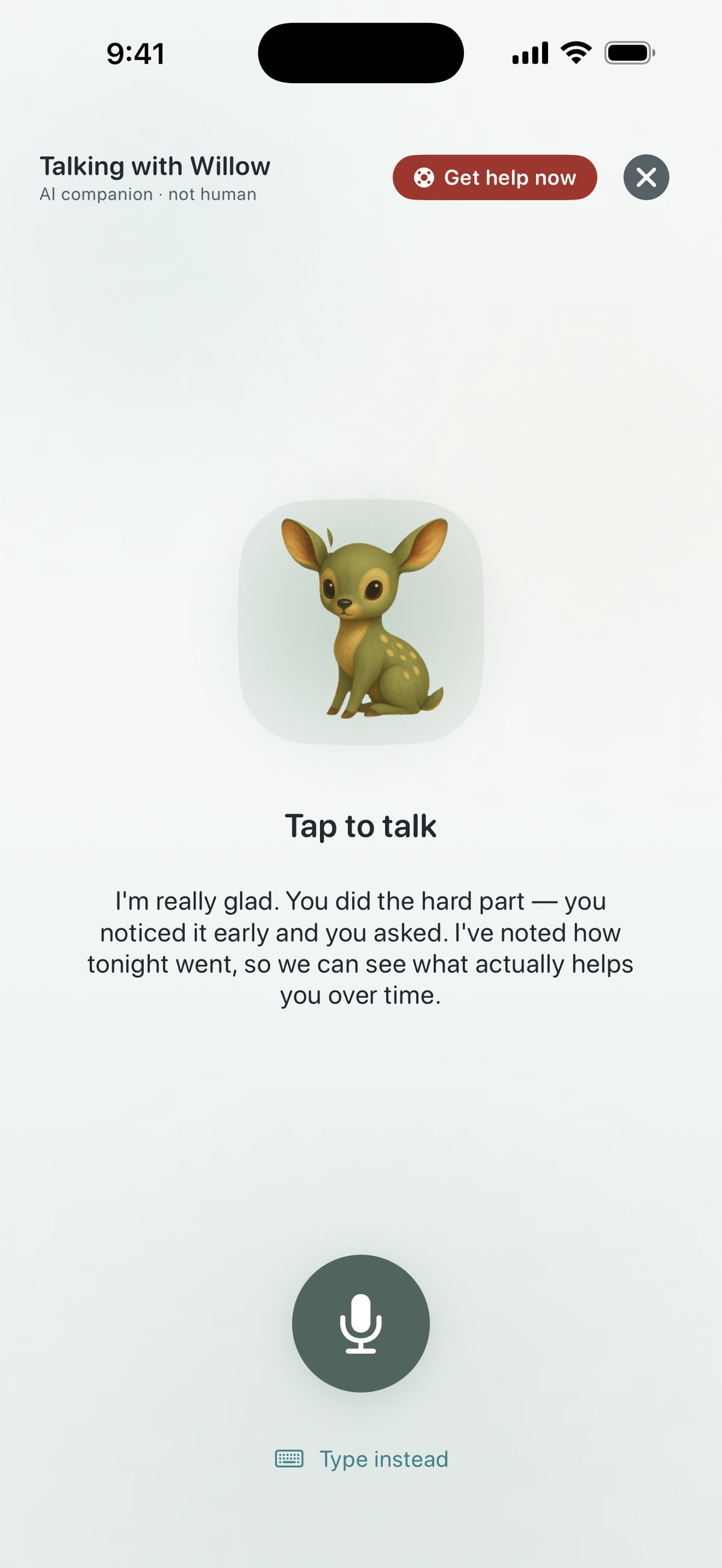 Quietoak voice conversation — talking with Willow hands-free, with a tap-to-talk button