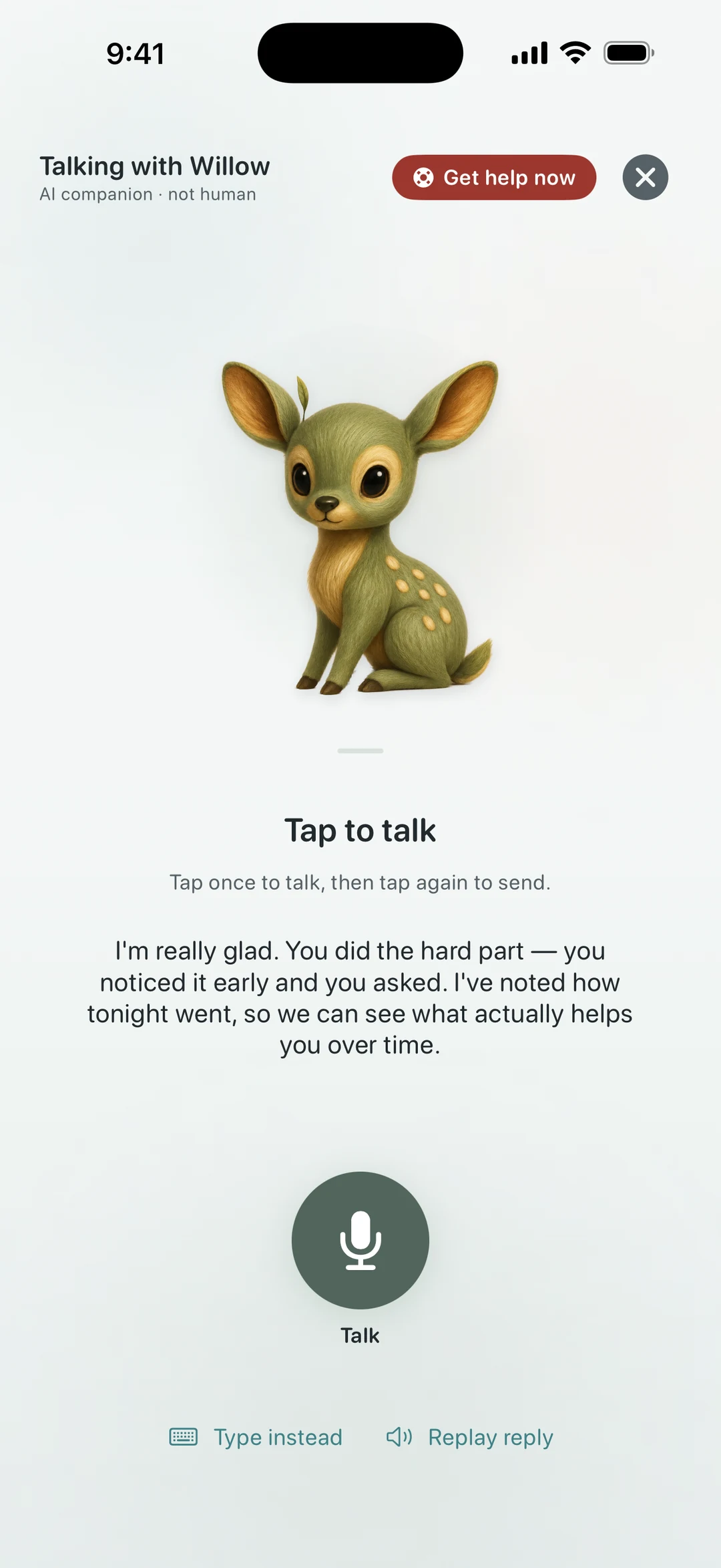 Quietoak voice conversation with Willow — tap-to-talk and replay controls