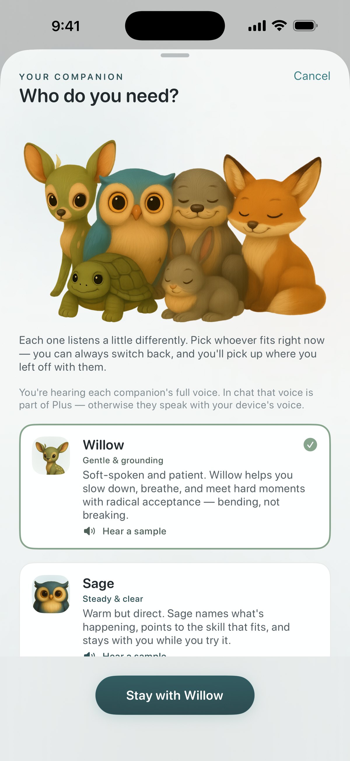 Quietoak companion switcher — choosing which companion you need right now, each with a voice sample