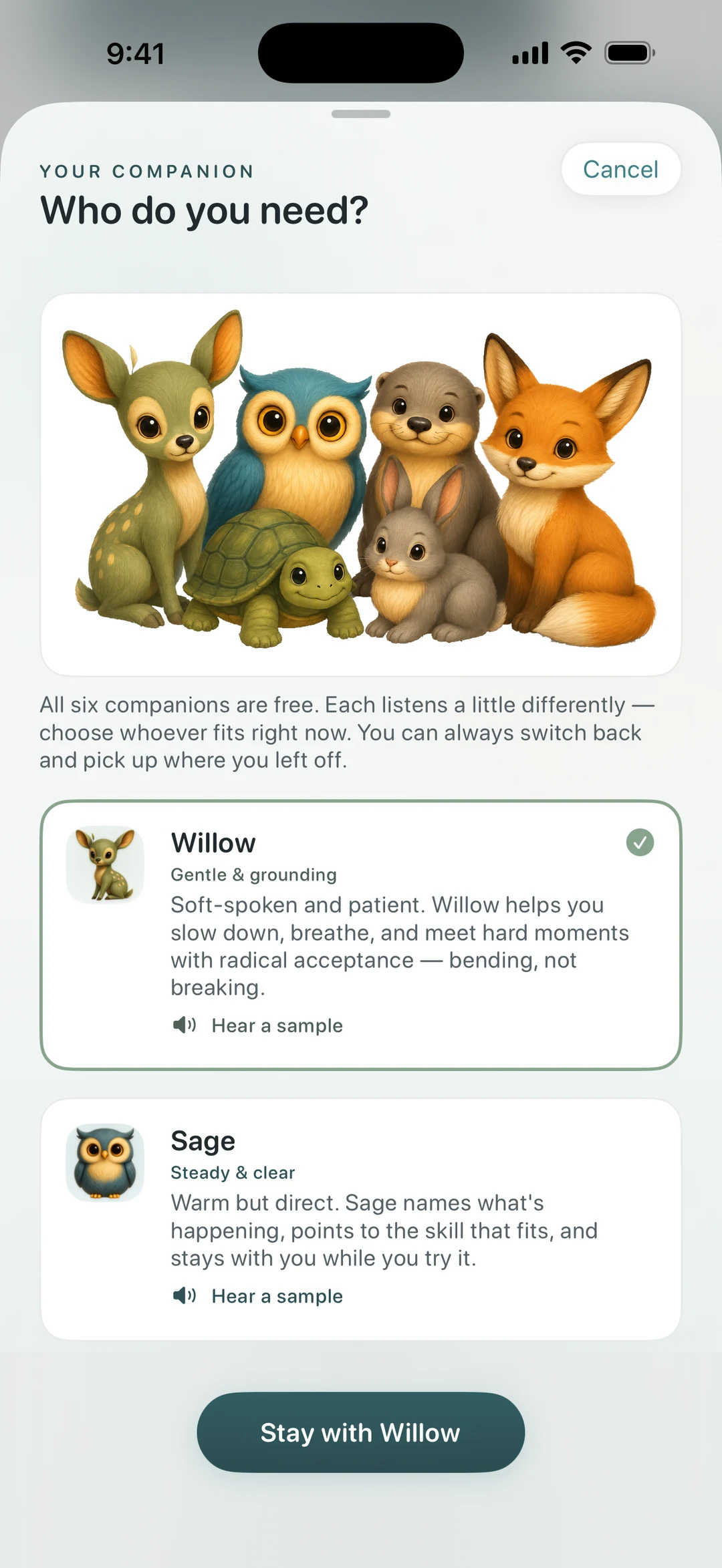 Quietoak companion switcher — choosing which companion you need right now, each with a voice sample