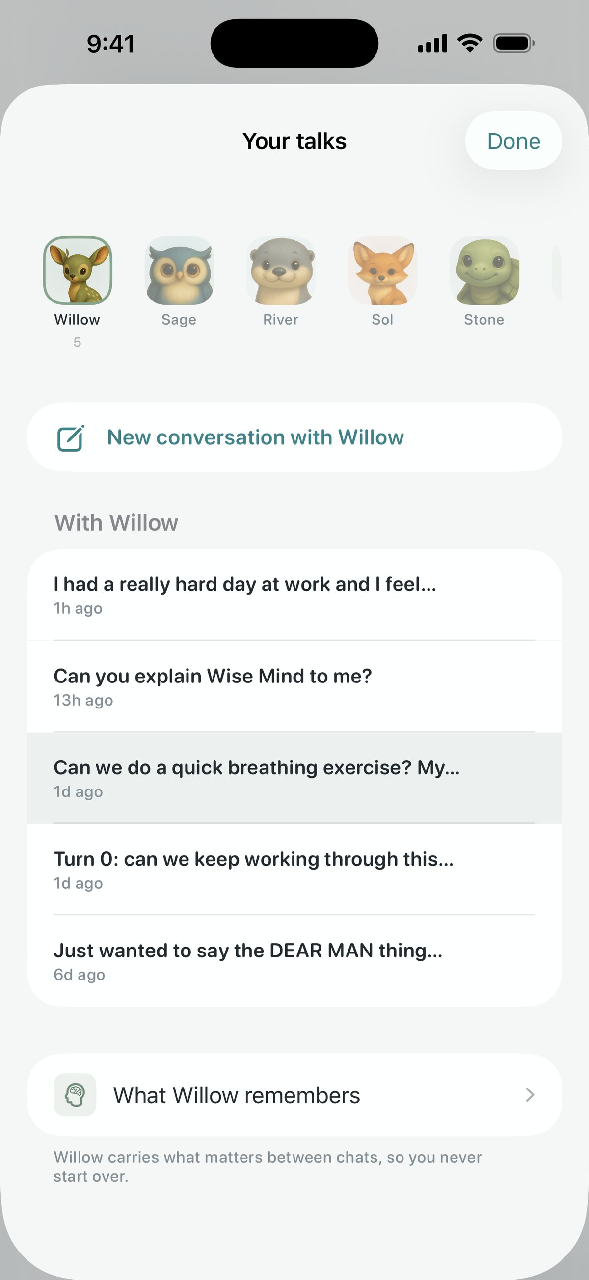 Quietoak conversations drawer — saved talks with each companion, and what your companion remembers between chats