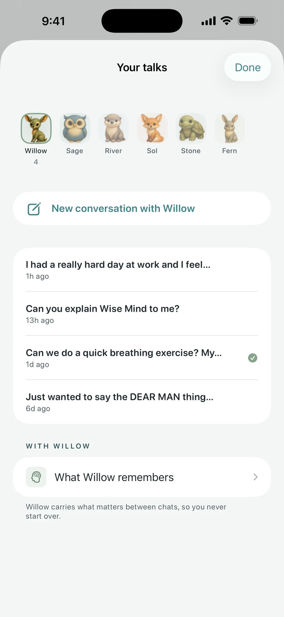 Quietoak conversations drawer — saved talks with each companion, and what your companion remembers between chats