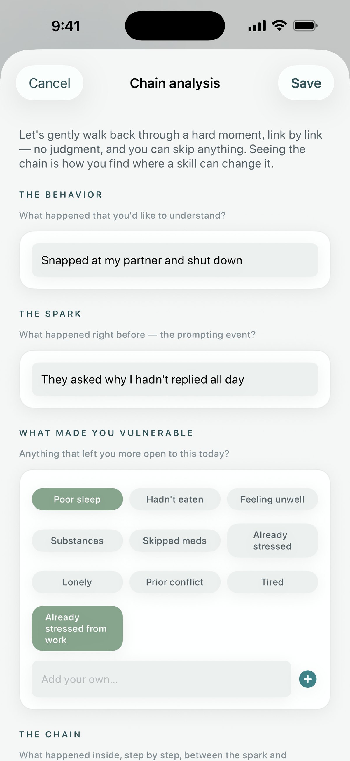 Quietoak chain analysis — gently tracing a hard moment link by link to find where a skill fits