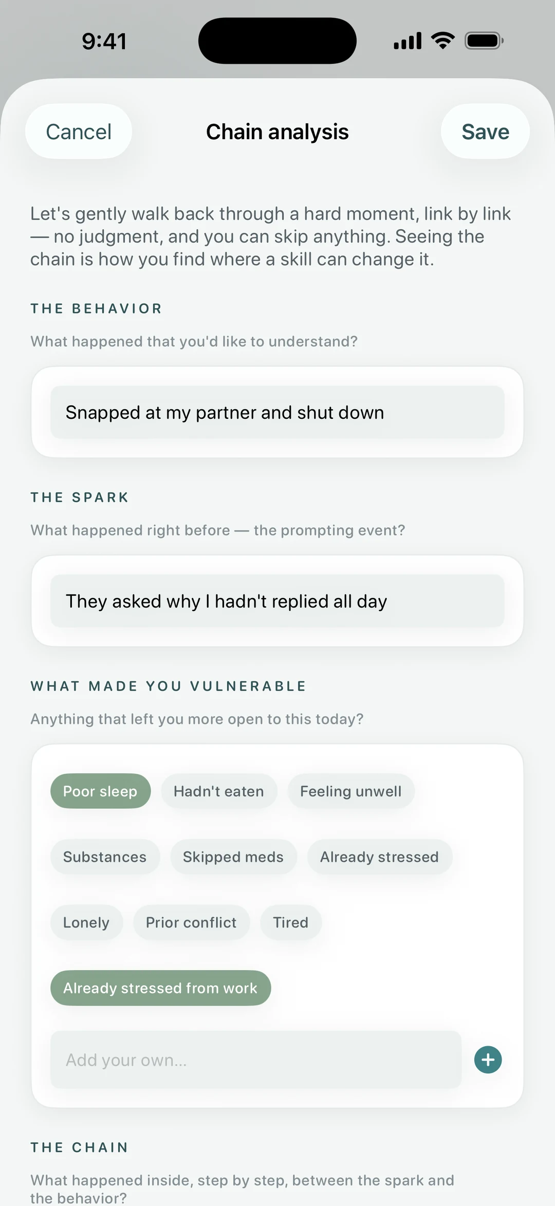 Quietoak chain analysis — gently tracing a hard moment link by link to find where a skill fits