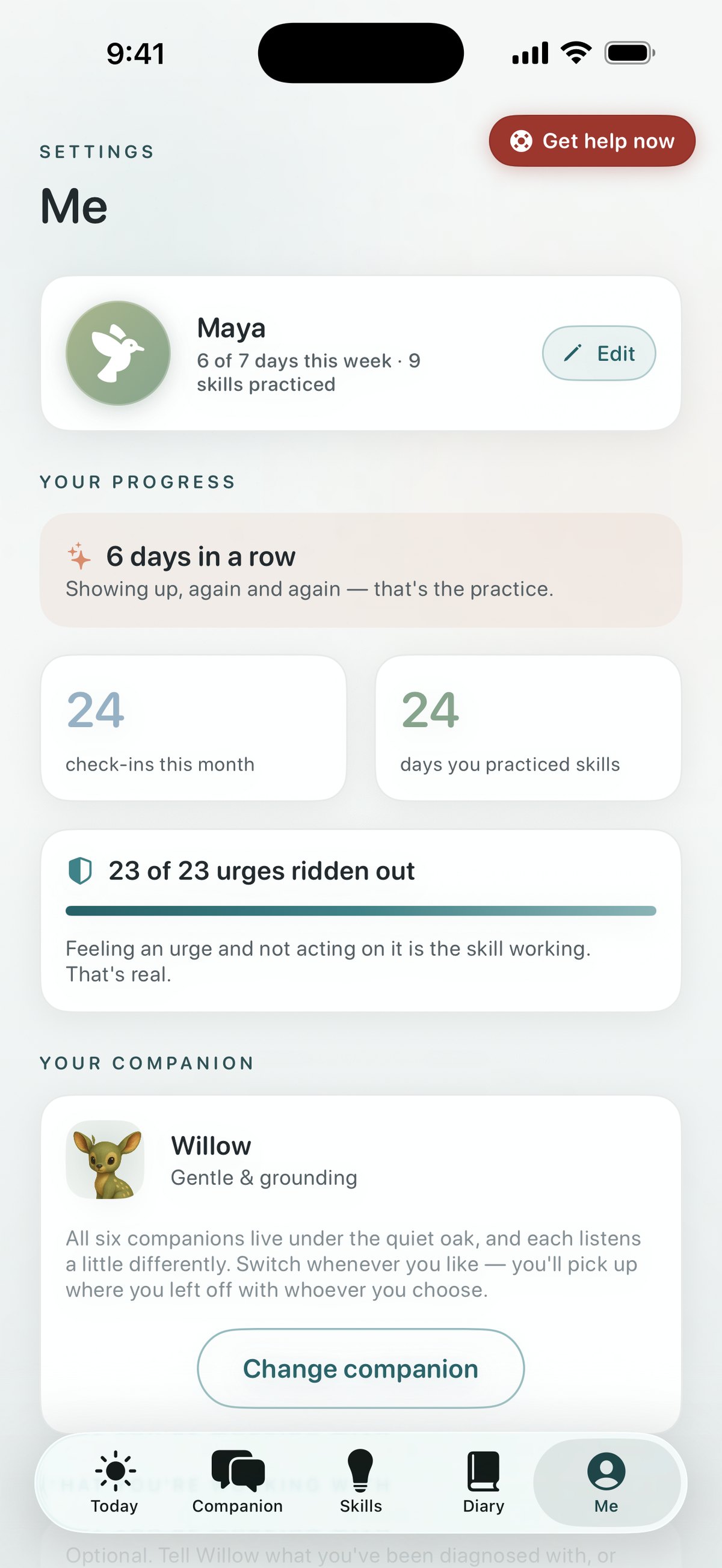 Quietoak progress — a gentle check-in streak, check-ins this month, days you practiced skills, and urges ridden out