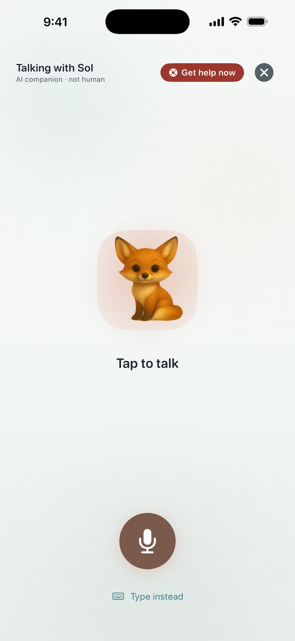 Quietoak voice mode with Sol — tap once and talk with any companion, hands-free