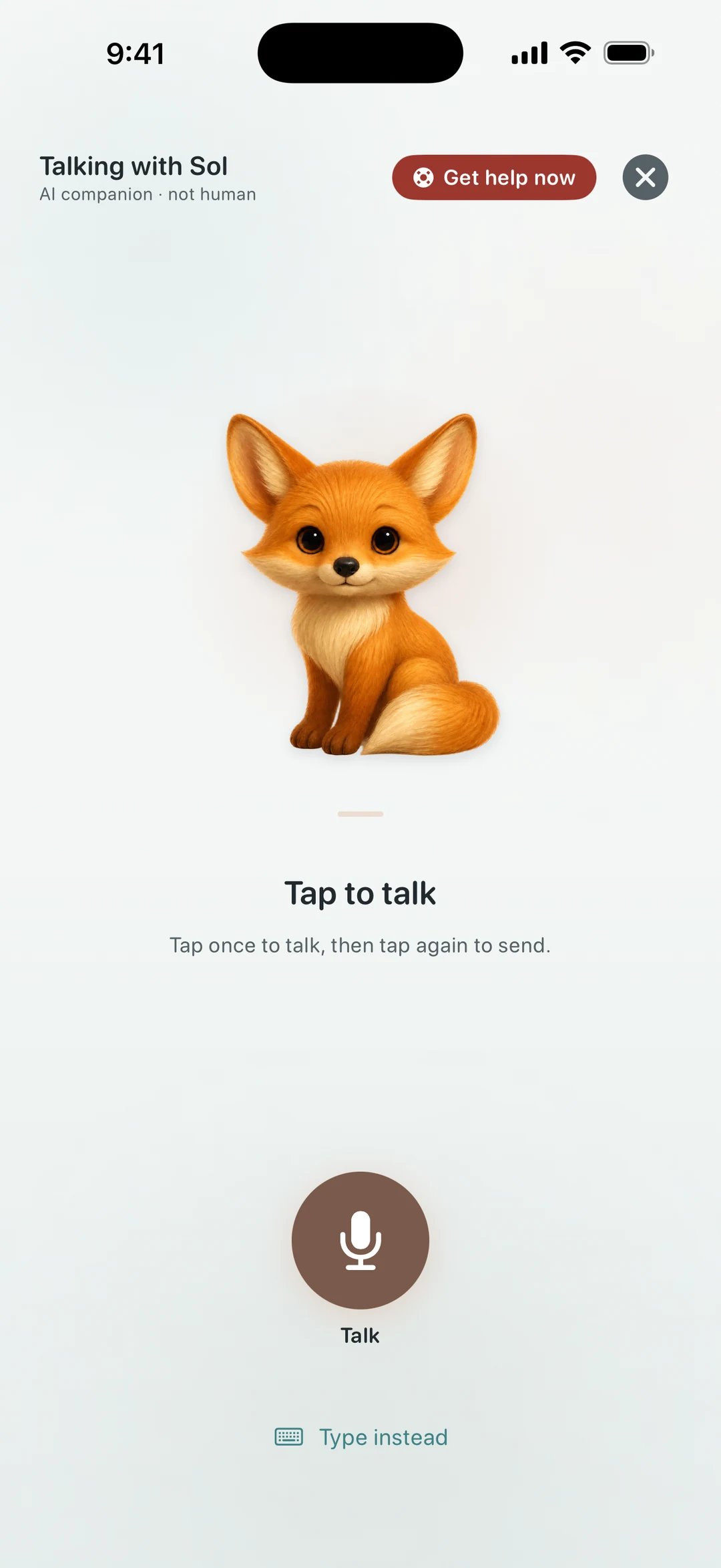 Quietoak voice mode with Sol — tap-to-talk and a switch back to text