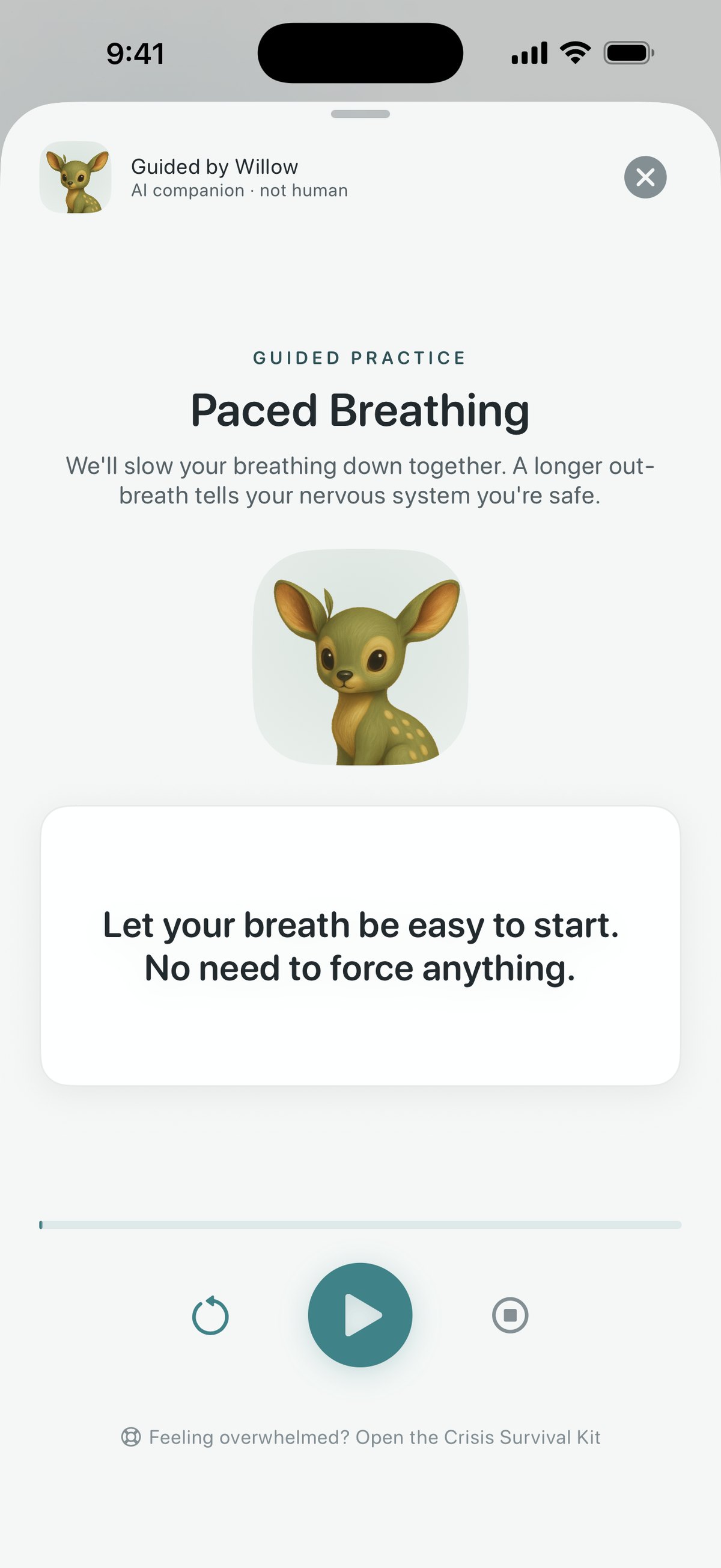 Quietoak guided audio — paced breathing narrated by Willow, marked as an AI companion, with play controls and a route to the crisis kit