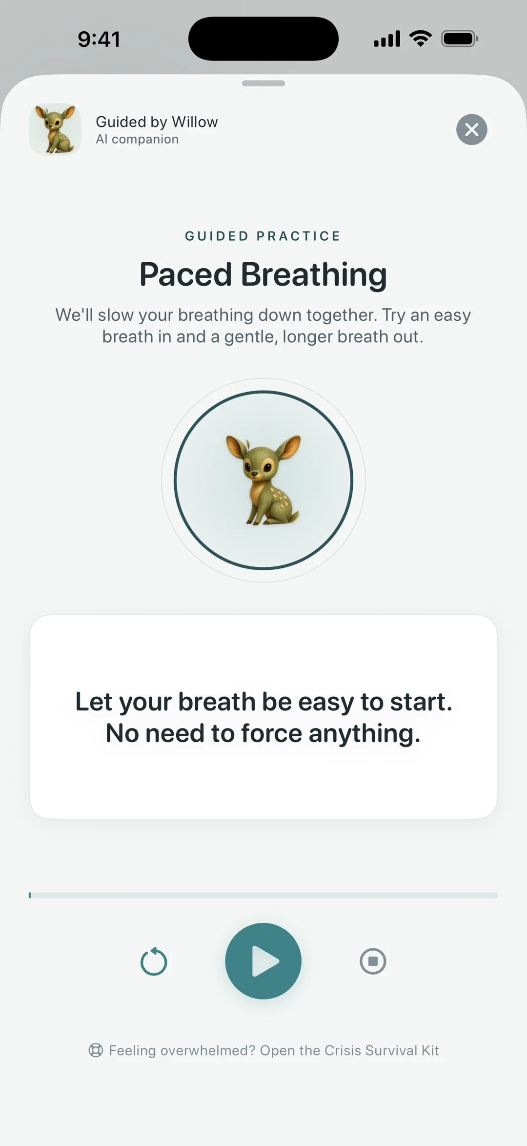 Quietoak guided audio — paced breathing narrated by Willow, marked as an AI companion, with play controls and a route to the crisis kit