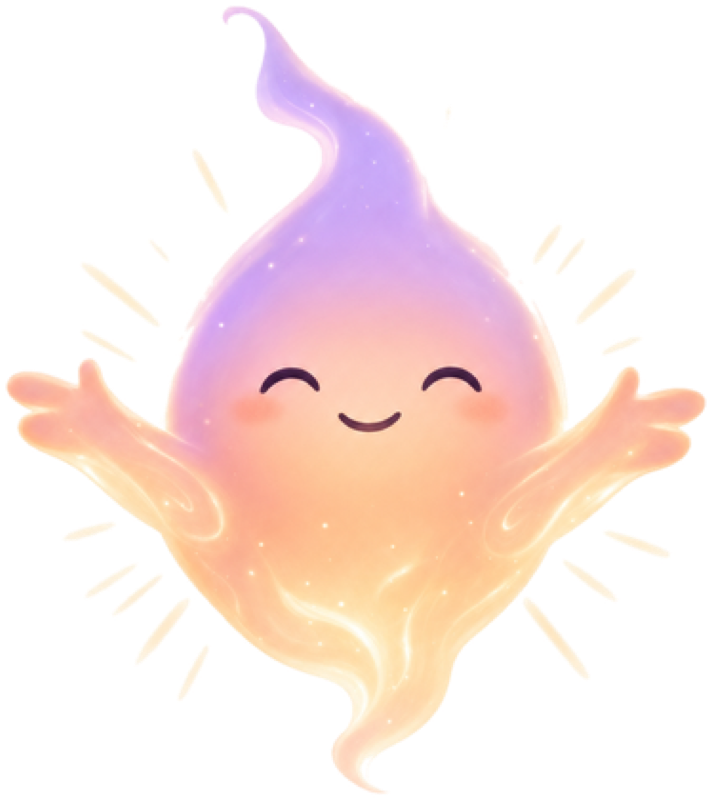 Rowan, a warm dawn-sprite companion with a soft violet-and-apricot flame