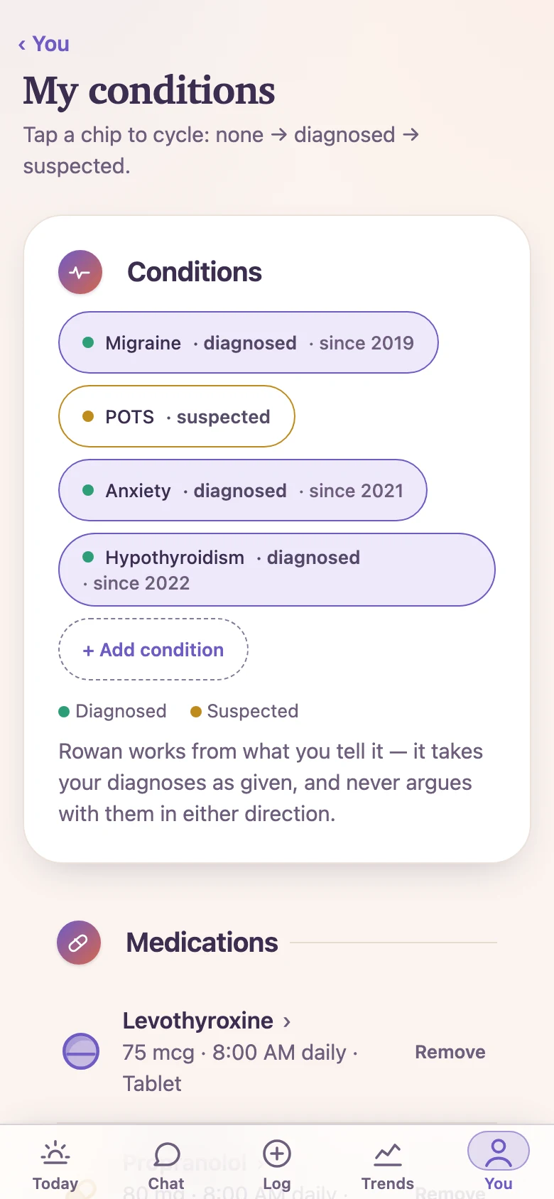 Rowan's conditions screen with diagnosed and suspected chips