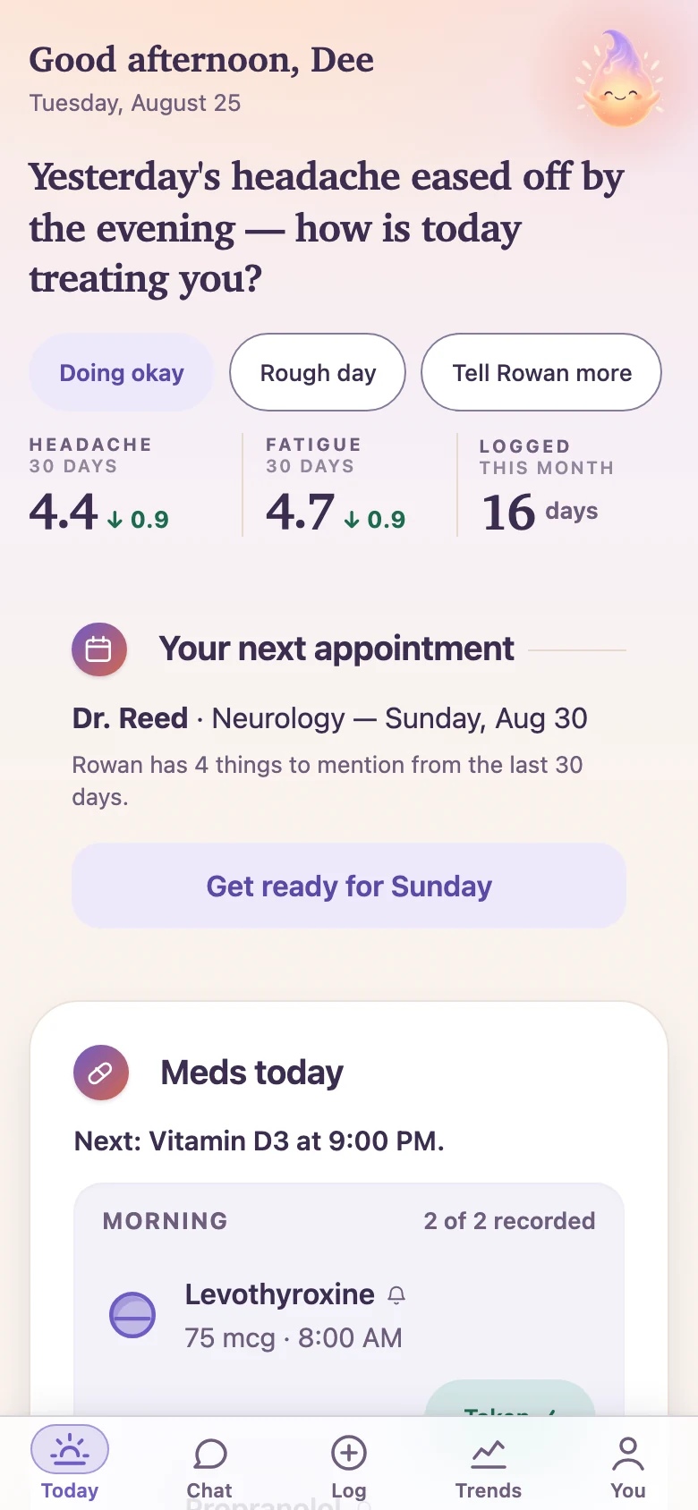 Rowan's Today screen — a greeting, the next appointment, and today's medications
