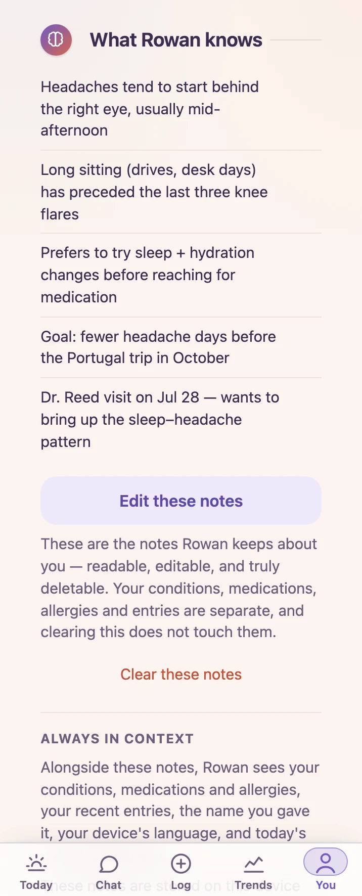 Rowan’s “What Rowan knows” card — the plain list of notes Rowan keeps about you, an “Edit these notes” button, “Clear these notes” underneath, and an “Always in context” note listing everything Rowan sees — the notes, your conditions, medications and allergies, recent entries, the name you gave Rowan, your device language and today’s date — and saying the notes are stored on the device, not kept on the server, but sent with each message and so reaching the AI provider