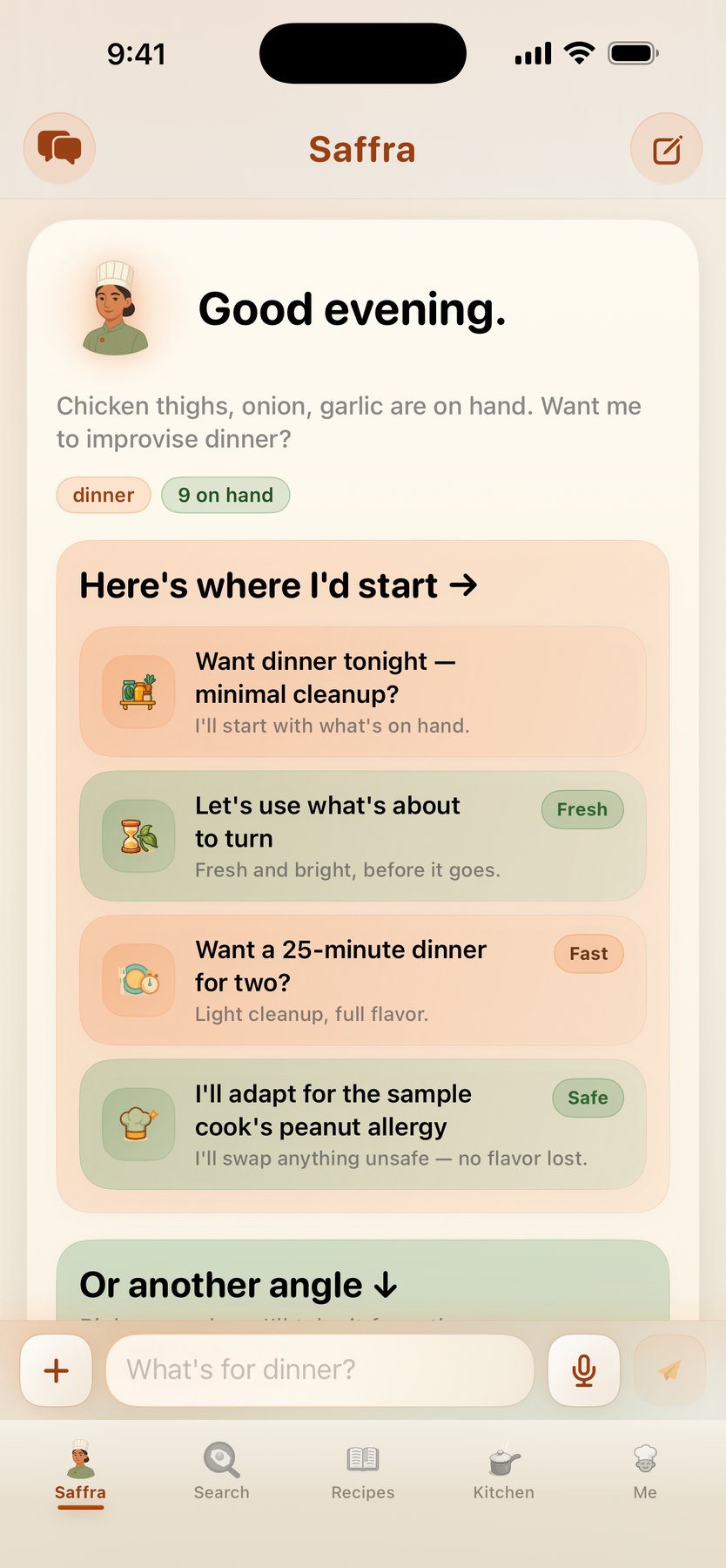 Saffra Chef tab in light mode — pantry-aware quick-start prompts