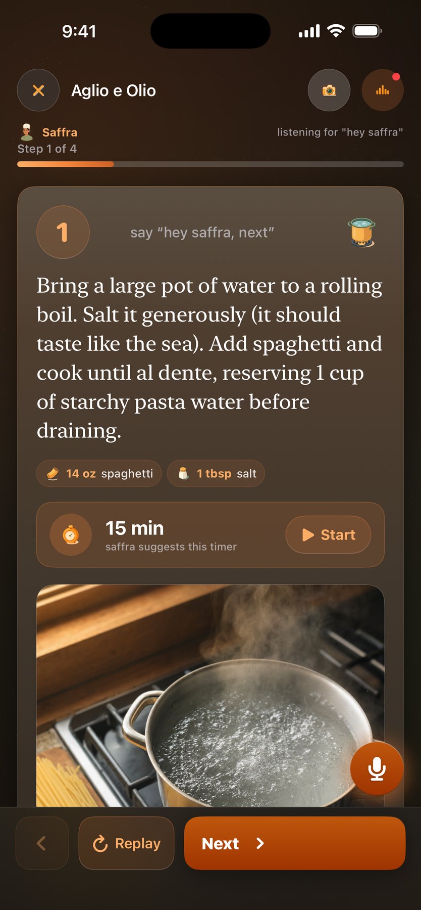 Cooking Mode in dark mode — hands-free voice with a suggested step timer