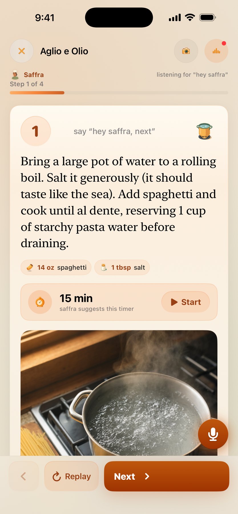 Cooking Mode step 1 — Saffra reads the step aloud with ingredient chips and a suggested 15-minute timer