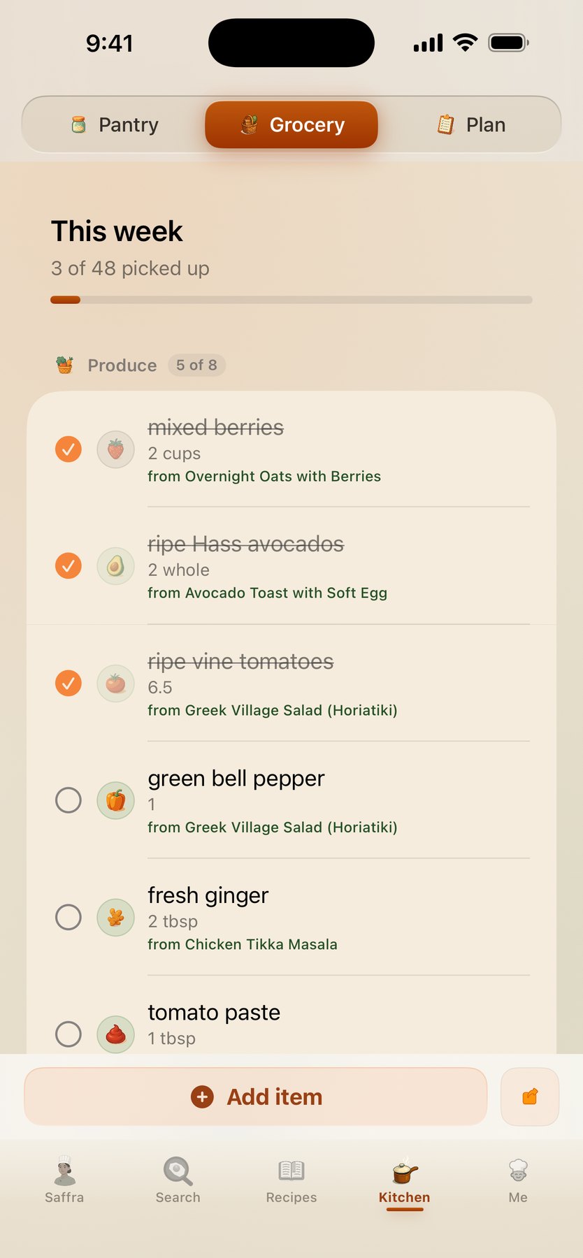 The pantry — item counts by category with expiring and stale flags, plus photo, receipt, and barcode capture