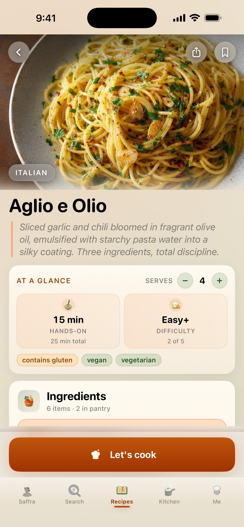 Recipe detail — hero photo with timing, difficulty, servings, and the Let's cook button