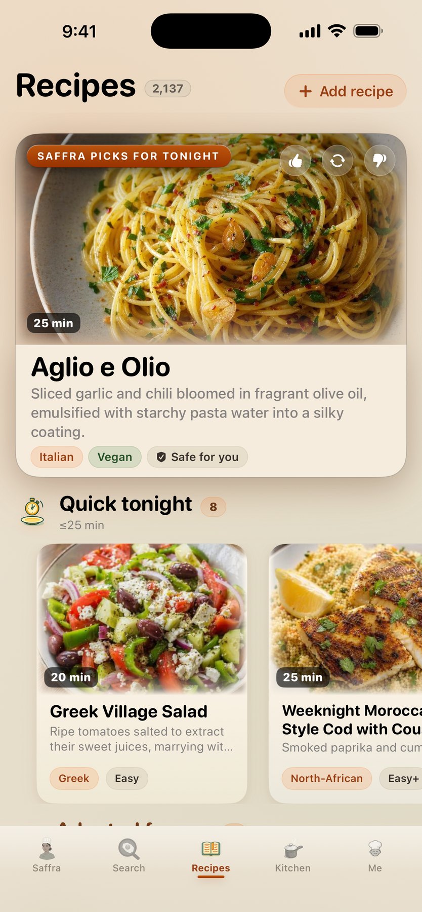 Recipes in light mode — the flagship catalog with Saffra's daily pick