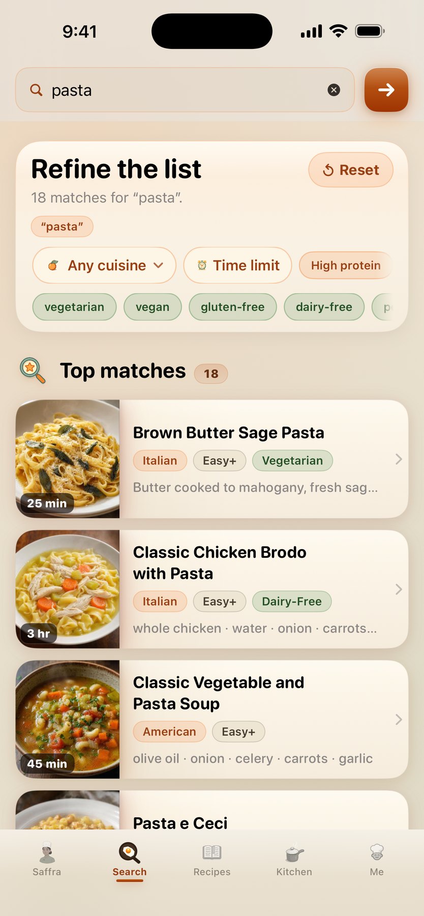 Search in light mode — semantic recipe search across the whole catalog