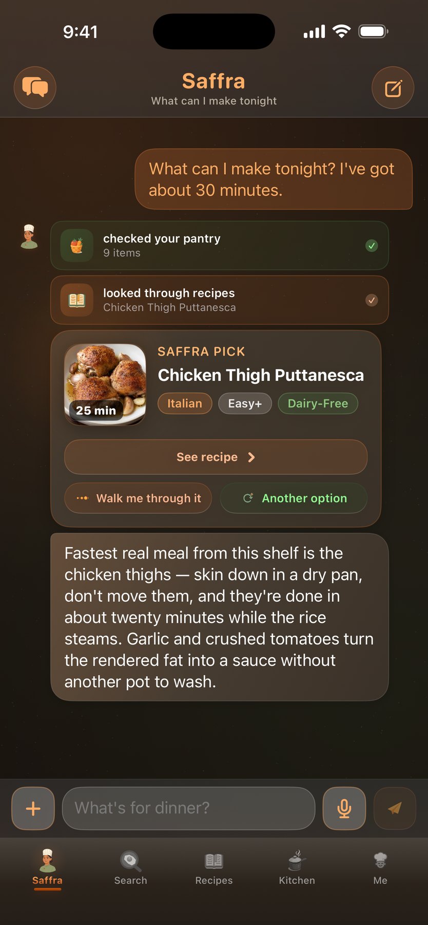 Ask Saffra in dark mode — she answers with a recipe pulled from the catalog