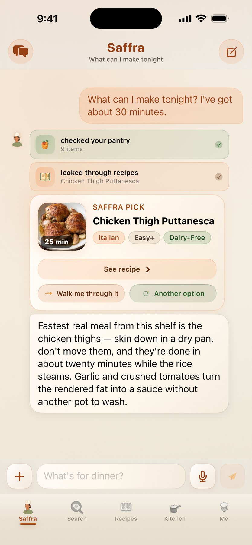 Ask Saffra answering with a tappable recipe card after checking the pantry
