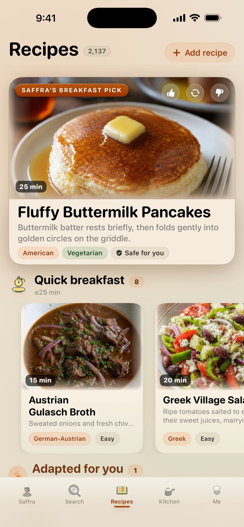Recipes tab in the morning — Saffra's breakfast pick and a Quick breakfast rail