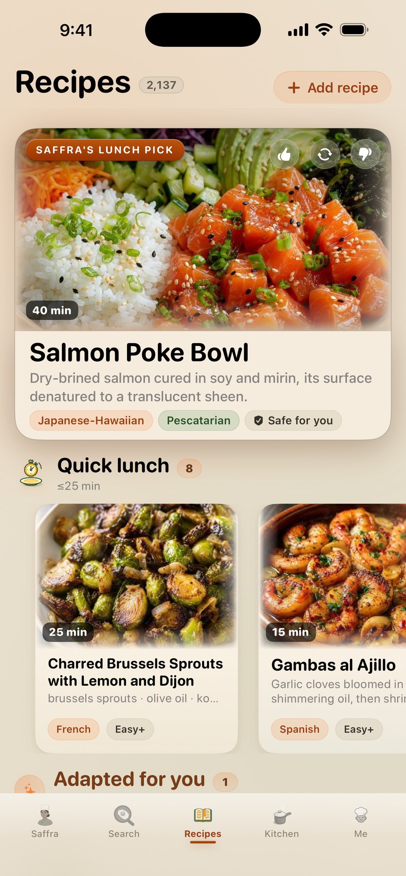 Recipes tab at midday — Saffra's lunch pick with bowls and salads ranked first
