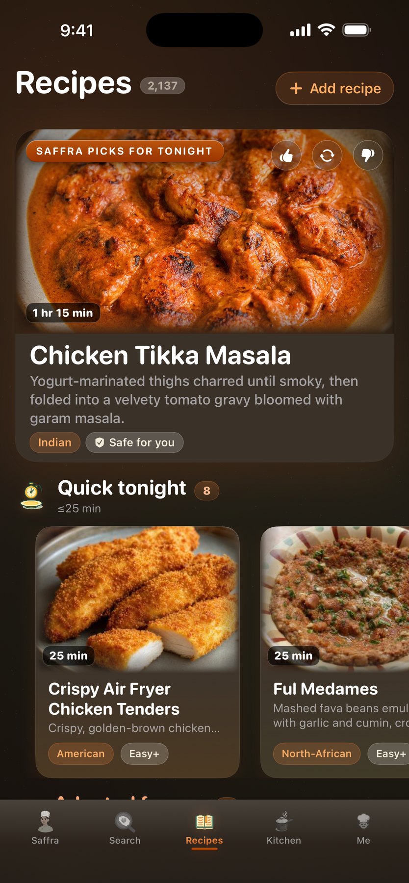 Recipes at dinner time in dark mode — Saffra picks for tonight