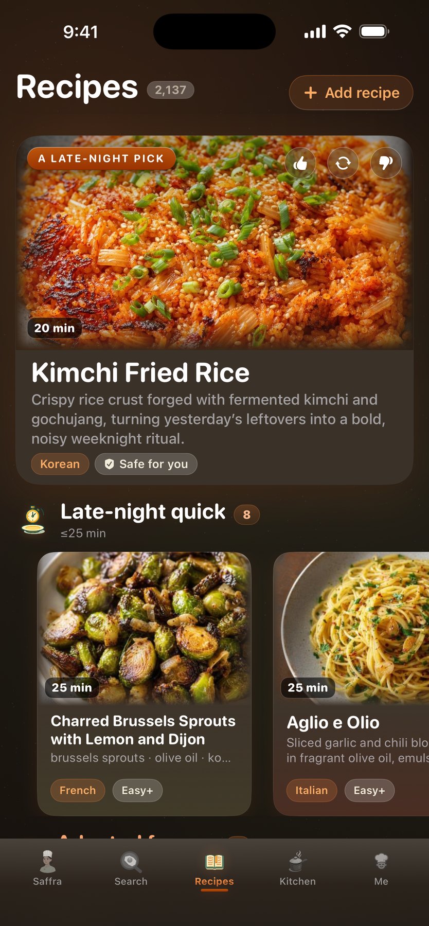 Recipes tab late at night — a late-night pick and a rail of 25-minute dishes