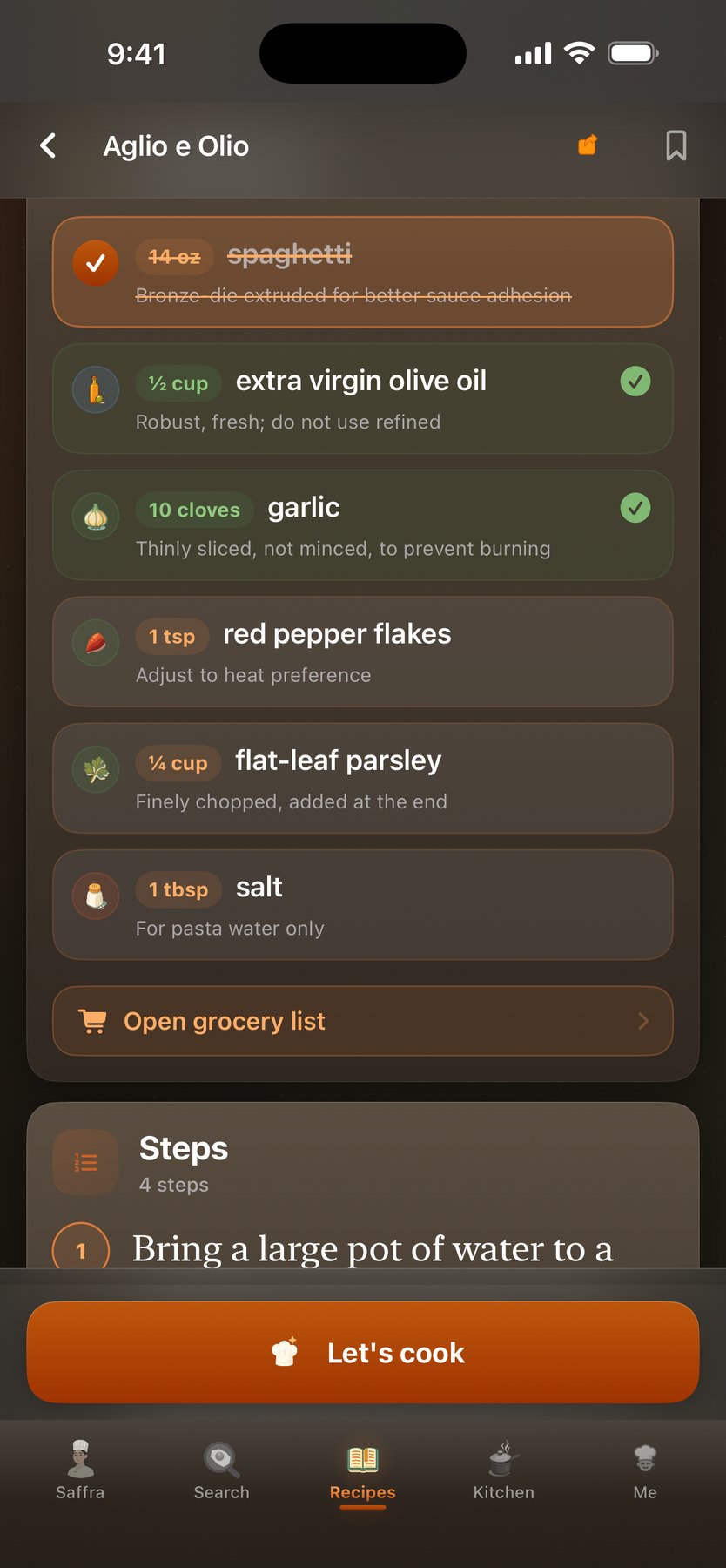 Recipe detail scrolled — the ingredient list checked against your pantry