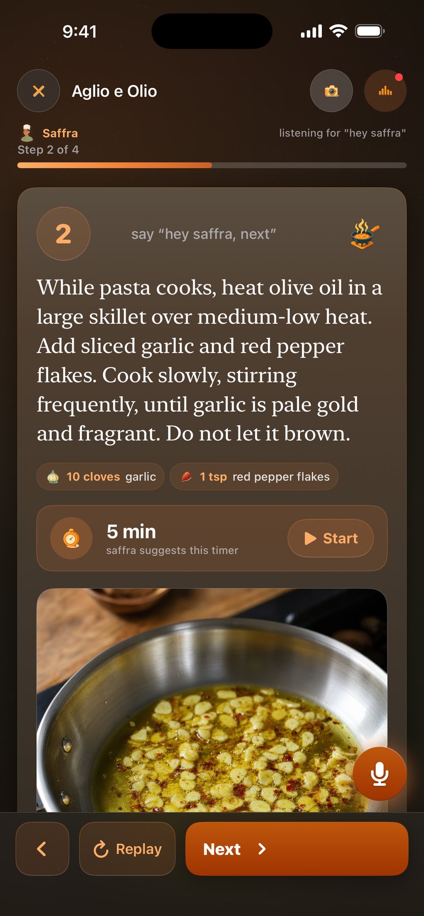 Cooking Mode mid-recipe — the dish photo on the step card with progress bar and hands-free controls