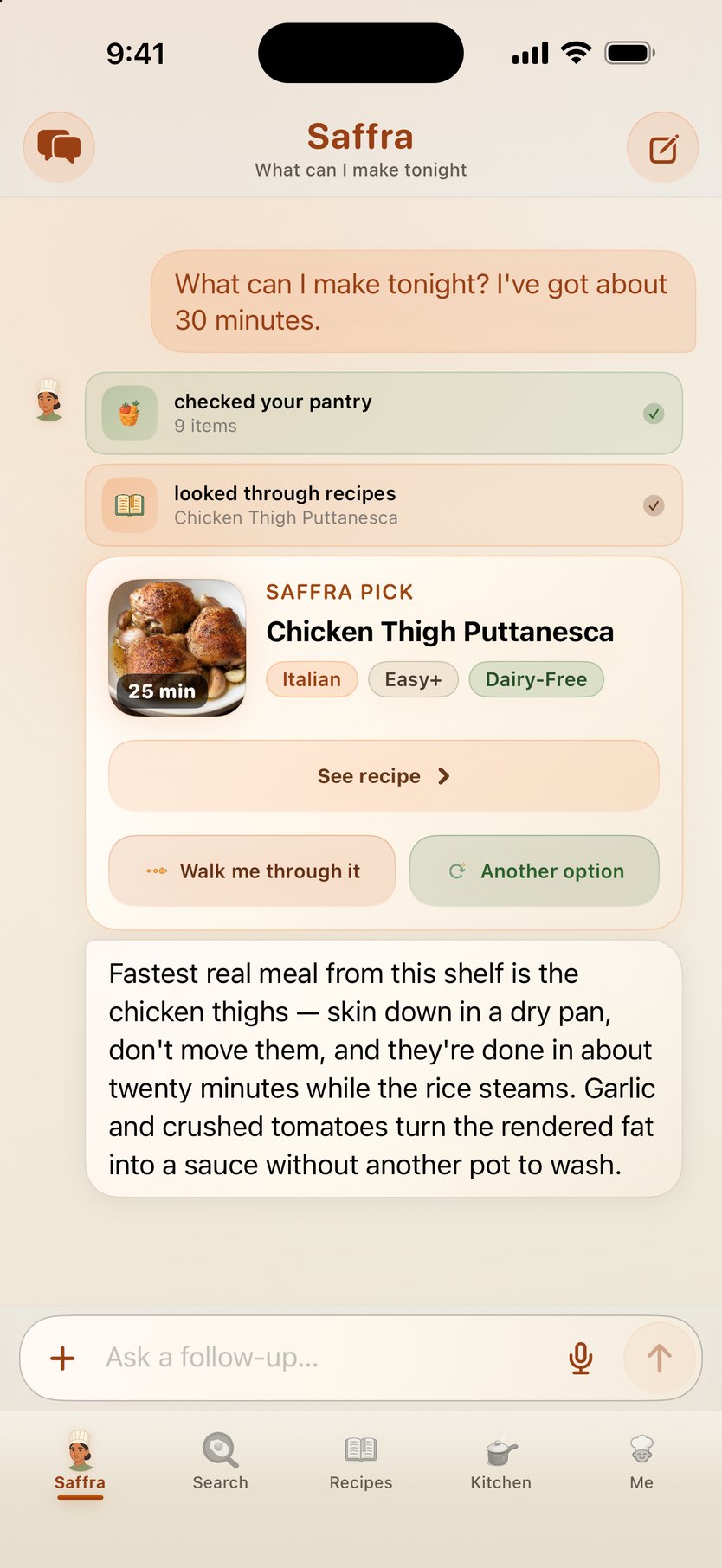 Ask Saffra — she checks the pantry, looks through recipes, and answers with a recipe card from the catalog