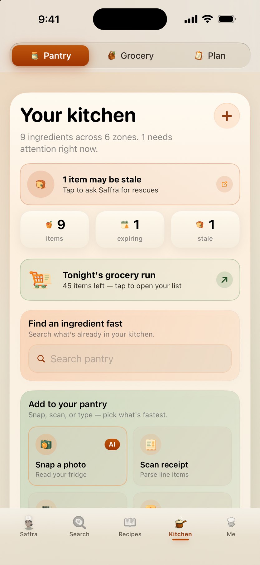 Your kitchen — item, expiring and stale counts, a prompt to rescue a stale item, and photo and receipt capture