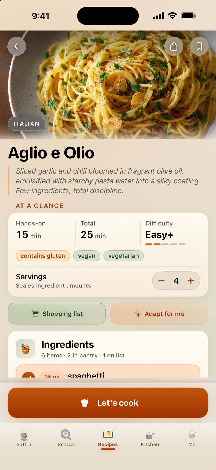 Recipe detail — hero photo, an At a glance card with hands-on time, total time, difficulty and servings, Shopping list and Adapt for me buttons, and Let's cook