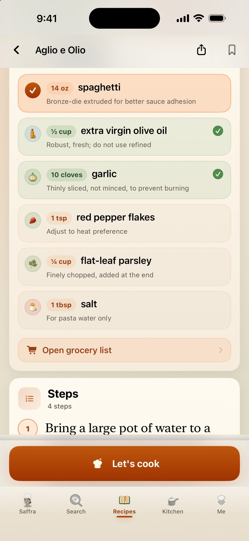 Recipe detail scrolled — the ingredient list checked against your pantry, with a link to your grocery list