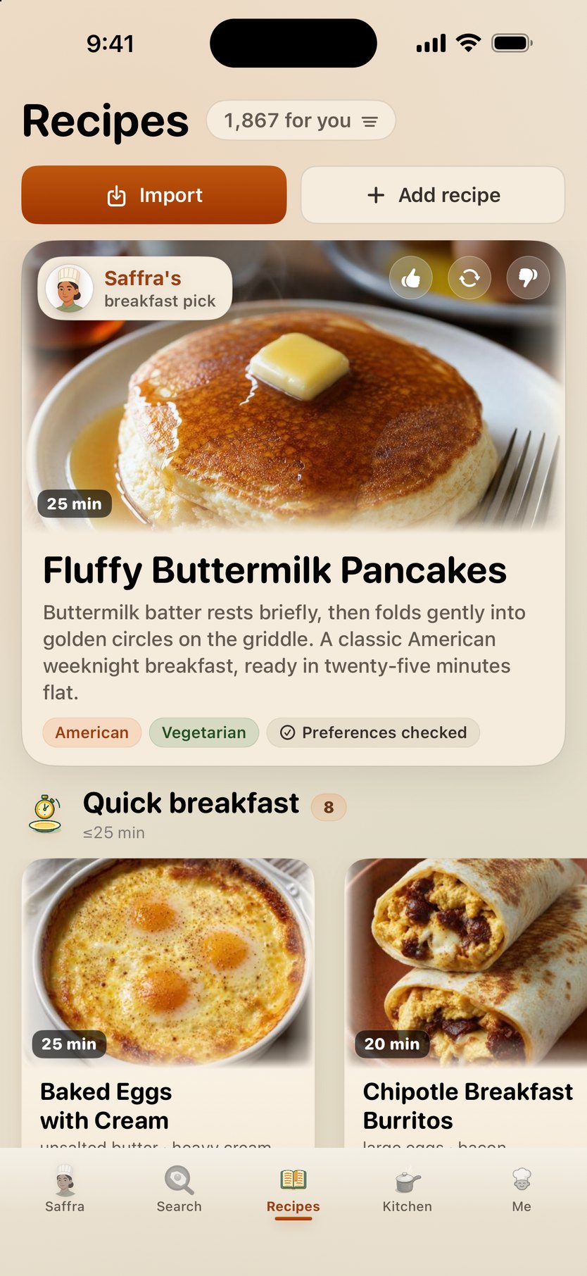 Recipes tab in the morning — Saffra's breakfast pick and a Quick breakfast rail led by baked eggs and breakfast burritos