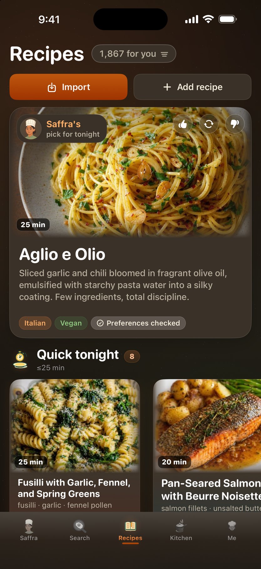 Recipes at dinner time in dark mode — Saffra's pick for tonight
