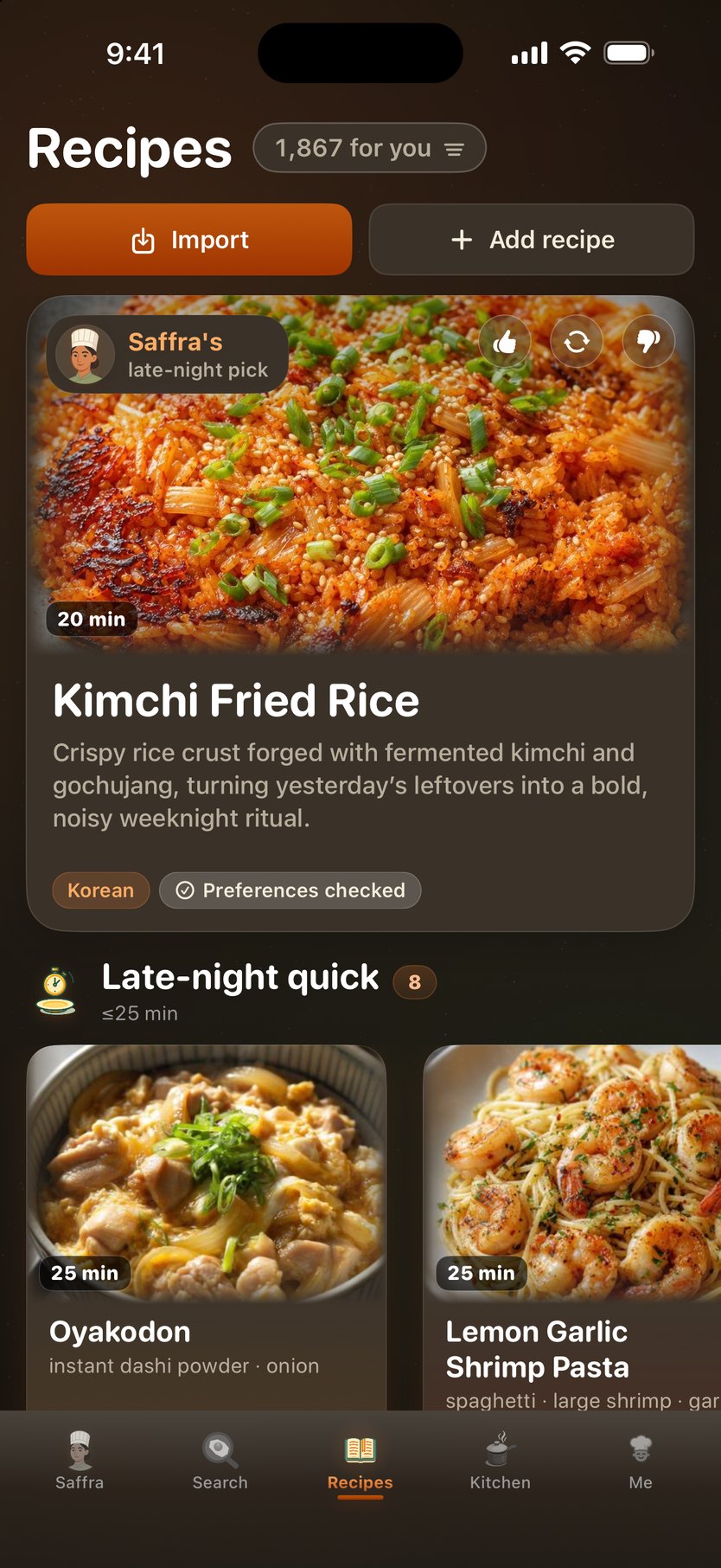Recipes tab late at night — a late-night pick, kimchi fried rice, above a Late-night quick rail