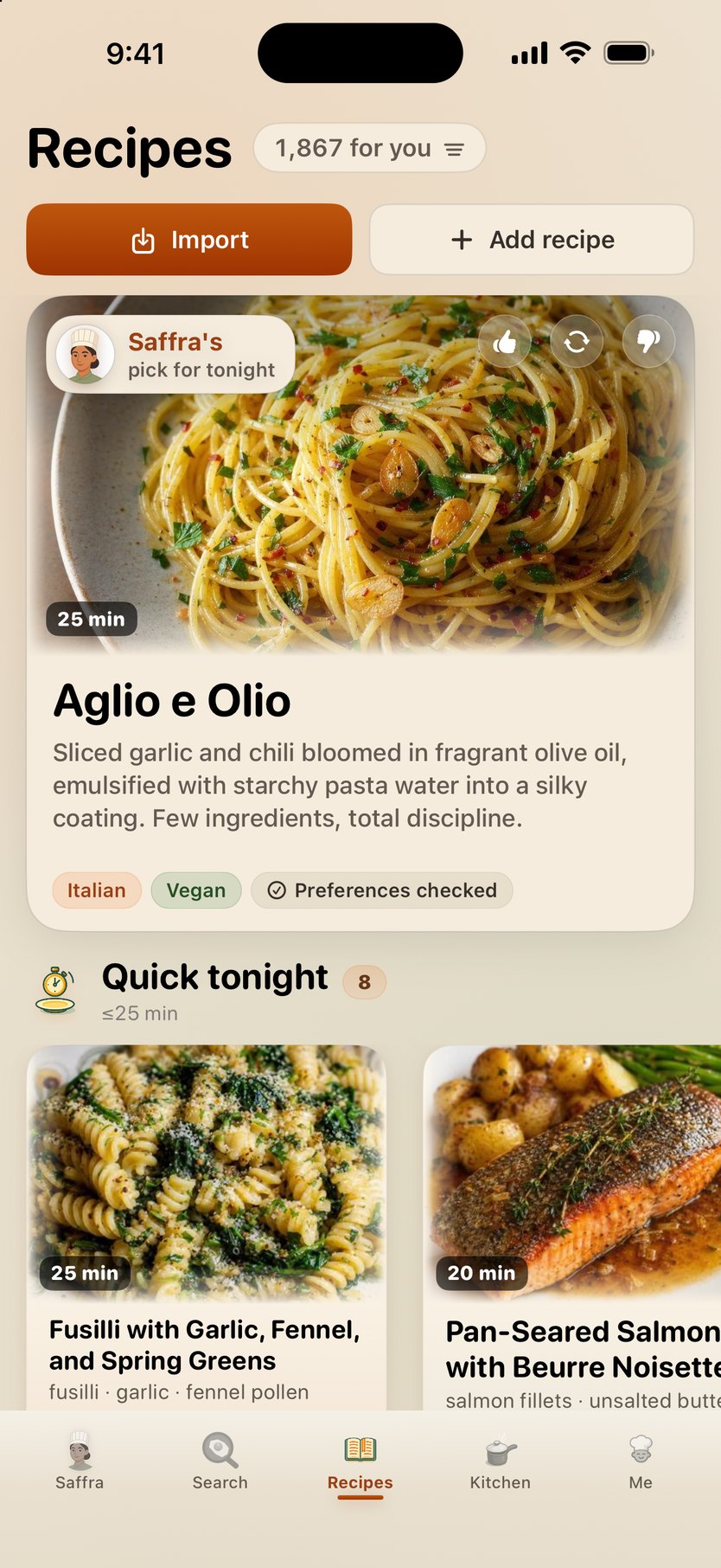 The Recipes tab — Saffra's pick for tonight above a Quick tonight rail