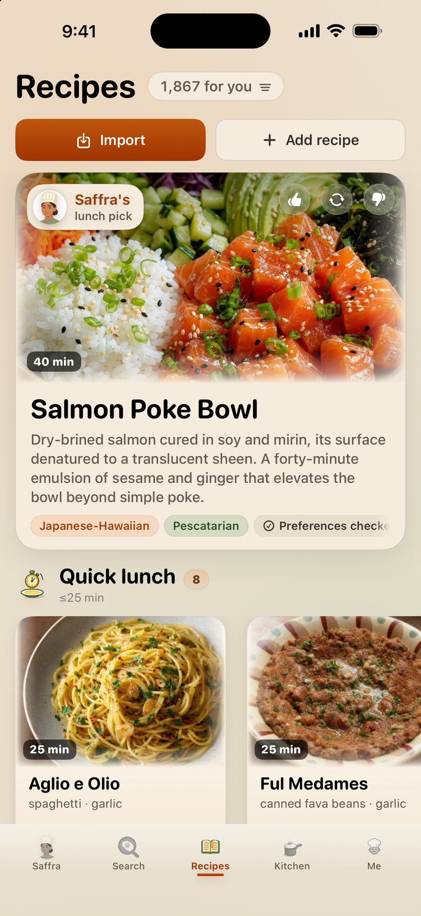 Recipes tab at midday — Saffra's lunch pick, a poke bowl, above a Quick lunch rail